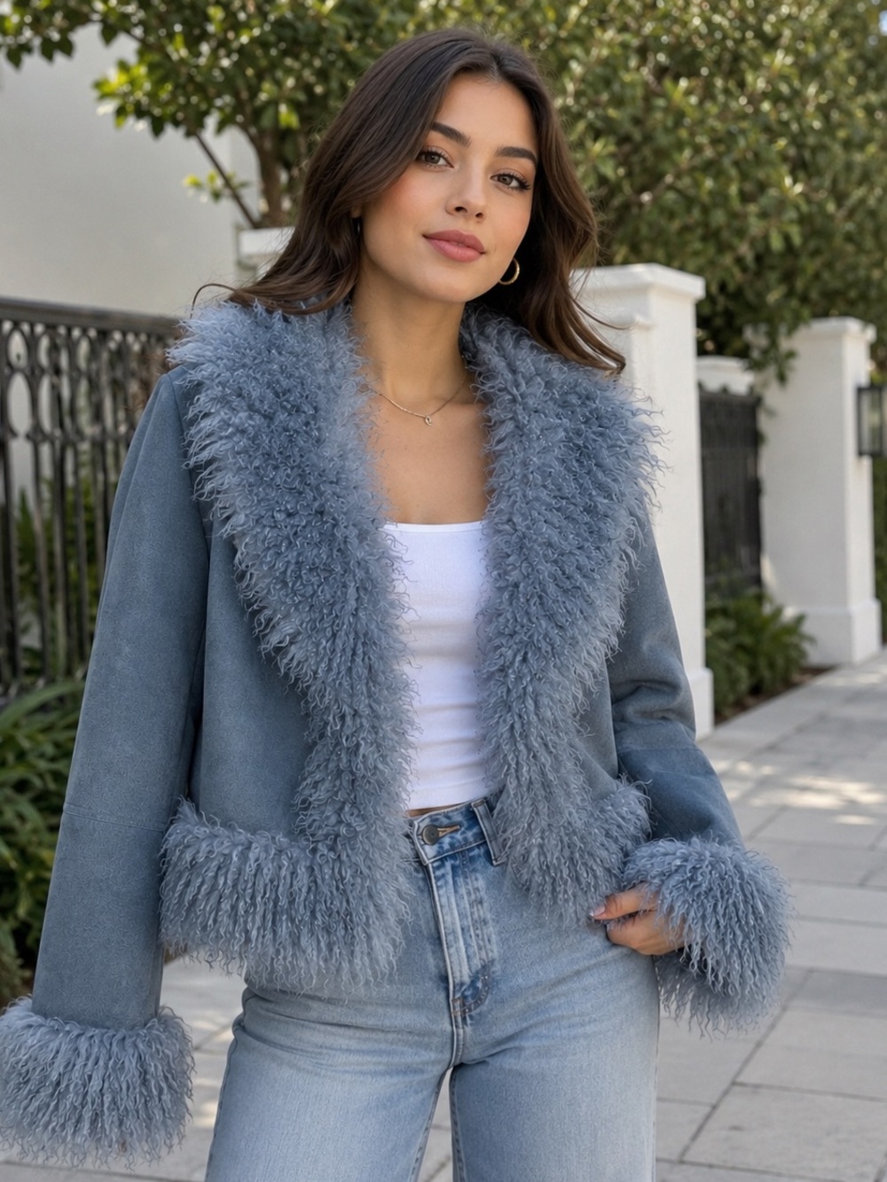 Le Lis Dusty Blue Teddy Jacket with Plush Trim
